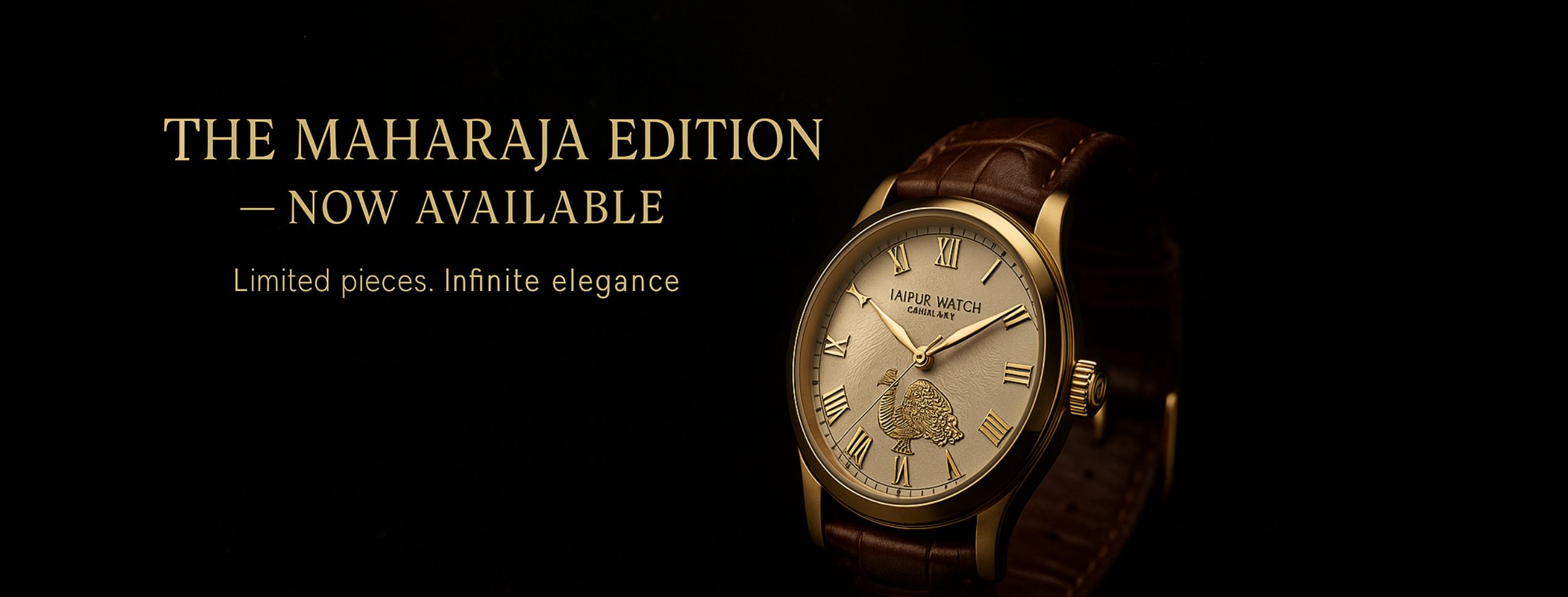 Jaipur Watch Company Maharaja Edition gold watch with embossed royal emblem and brown leather strap