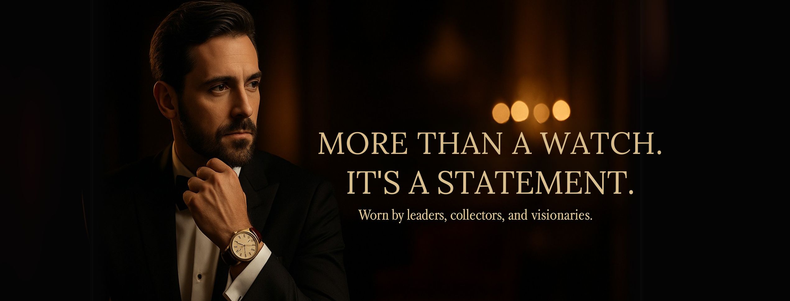 Elegant man in tuxedo wearing a Jaipur Watch Company luxury watch with brown leather strap
