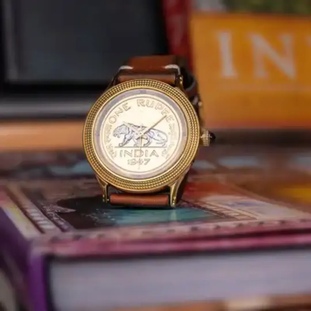 Luxury bespoke watch featuring 1947 One Rupee Indian coin dial by Jaipur Watch Company